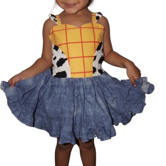 Woody Inspired Cow Print Denim Ruffle Dress Toddler 2T 3T Toy Story Costume - Picture 8 of 9